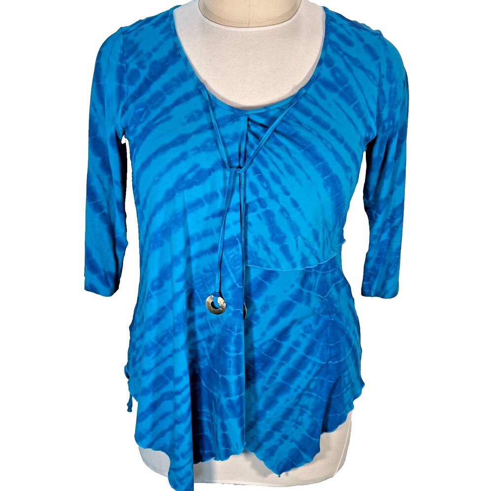 Zen Knits Tunic Top Women's XL Blue Turquoise Tie Dye Seashell Tassel V-Neck